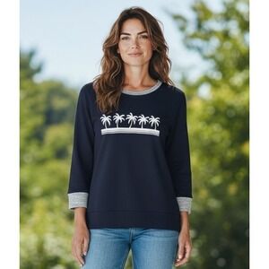 Fresh Produce Womens Sweater XS Blue French Terry Sweatshirt Palm Beachy Coastal